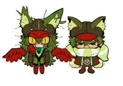 Rule 34 | 2boys, animal ears, animal hat, black coat, black footwear, black headwear, boots, cabbie hat, chibi, closed mouth, coat, colored sclera, commentary request, dual persona, fake animal ears, feathered wings, full body, fur-trimmed coat, fur trim, glasses, green fur, green hair, hair between eyes, hat, long sleeves, looking at viewer, male focus, master detective archives: rain code, monster boy, multiple boys, mystery phantom, oishikunatte shintoujou, red-framed eyewear, red eyes, red wings, round eyewear, short hair, simple background, standing, white background, wings, yellow sclera, zilch alexander