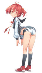 Rule 34 | 1girl, ass, bent over, black socks, blush, cellphone, charm (object), closed mouth, commentary request, from behind, hair ornament, hair scrunchie, highres, isshiki akane, kneehighs, kneepits, long sleeves, looking at viewer, looking back, michairu, miniskirt, parody, phone, power symbol, red footwear, sailor collar, school uniform, scrunchie, shoes, short hair, short shorts, shorts, simple background, skirt, socks, solo, tareme, tawawa challenge, twintails, two side up, upskirt, vividred operation, white background, white skirt, you&#039;re doing it wrong