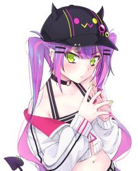 Rule 34 | 1girl, 53c, absurdres, bare shoulders, baseball cap, black hat, blush, closed mouth, collarbone, crop top, demon tail, ear piercing, fake horns, green eyes, hair ornament, hairclip, hands up, hat, highres, hololive, horned headwear, horns, jacket, long hair, long sleeves, looking at viewer, midriff, multicolored hair, multicolored nails, nail polish, navel, navel piercing, off shoulder, piercing, pink hair, pointy ears, purple hair, purple nails, simple background, sleeves past wrists, solo, steepled fingers, streaked hair, tail, tail ornament, tail piercing, tokoyami towa, twintails, very long hair, virtual youtuber, white background, white jacket, yellow nails