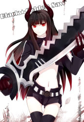 Rule 34 | 10s, 1girl, bad id, bad pixiv id, bikini, bikini top only, black gold saw, black hair, black rock shooter, female focus, horns, king saw, long hair, midriff, navel, pale skin, red eyes, shorts, solo, still (just), swimsuit, sword, thighhighs, weapon, white background