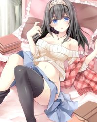 Rule 34 | 10s, 1girl, bare shoulders, bed, bedroom, black hair, blue eyes, blush, book, breasts, cleavage, female focus, gunp, hairband, idolmaster, idolmaster cinderella girls, indoors, long hair, looking at viewer, lying, navel, no panties, off-shoulder, off-shoulder sweater, on back, open \m/, open mouth, ribbed sweater, sagisawa fumika, solo, sweater, thighhighs, undressing