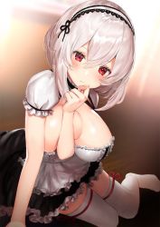 Rule 34 | 1girl, apron, azur lane, bad id, bad twitter id, blush, breasts, choker, cleavage, dress, frilled dress, frills, hairband, lace-trimmed hairband, lace trim, large breasts, looking at viewer, maid apron, mia (miaflocon), puffy sleeves, red eyes, short hair, short sleeves, sidelocks, sirius (azur lane), sitting, thighhighs, white hair, white thighhighs