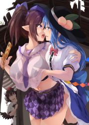 Rule 34 | 3girls, after kiss, bird wings, black bra, black headwear, black wings, blue eyes, blue hair, blush, bra, grabbing another&#039;s breast, breasts, brown hair, cellphone, checkered clothes, checkered skirt, eye contact, food, fruit, grabbing, hat, highres, himekaidou hatate, hinanawi tenshi, holding, holding phone, kagami toufu, large breasts, long hair, looking at another, miniskirt, multiple girls, navel, open mouth, peach, phone, pointy ears, pom pom (clothes), puffy short sleeves, puffy sleeves, purple eyes, purple headwear, purple neckwear, red eyes, red headwear, see-through, shameimaru aya, shirt, short sleeves, skirt, tokin hat, tongue, tongue out, touhou, twintails, underwear, very long hair, white shirt, wings, yuri