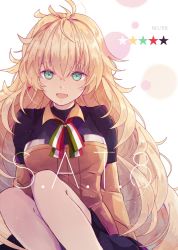 Rule 34 | 1girl, ahoge, arm support, bike shorts, blonde hair, blurry, blush, bokeh, character name, crossed bangs, depth of field, girls&#039; frontline, green eyes, hair between eyes, hairband, jacket, light particles, long hair, long sleeves, looking at viewer, messy hair, neck ribbon, open mouth, pleated skirt, ribbon, s.a.t.8 (girls&#039; frontline), sidelocks, simple background, sitting, skirt, smile, solo, thighs, very long hair, white background, yuizayomiya