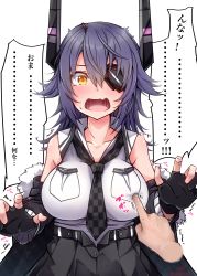 Rule 34 | 1girl, absurdres, baileys (tranquillity650), black gloves, breast pocket, breast poke, breasts, checkered necktie, collared shirt, eyepatch, fang, gloves, headgear, highres, kantai collection, large breasts, necktie, open mouth, partially fingerless gloves, pocket, poking, purple hair, shirt, short hair, skin fang, sleeveless, sleeveless shirt, solo focus, speech bubble, tenryuu (kancolle), tenryuu kai ni (kancolle), translated, upper body, white shirt, yellow eyes