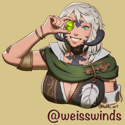 Rule 34 | 1girl, armband, au ra, bow, bracelet, braid, breasts, cleavage, commentary, commentary request, commission, commissioner name, covering one eye, dragon horns, english commentary, final fantasy, final fantasy xiv, green eyes, green scarf, grey hair, grin, hair bow, highres, horns, jewelry, koffo-art, large breasts, portrait, ring, scales, scarf, side braid, smile, solo, twitter username, warrior of light (ff14)