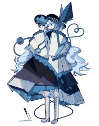 Rule 34 | 1girl, blue theme, boots, bow, closed eyes, cubism, floral print, frilled skirt, frilled sleeves, frills, full body, hands up, harano kaguyama, hat, hat bow, heart, heart of string, highres, knee boots, knife, komeiji koishi, long skirt, long sleeves, rose print, shirt, skirt, smile, solo, standing, touhou, wavy hair, white background, wide sleeves, yellow shirt