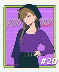 Rule 34 | 1girl, arm at side, belt, belt buckle, black belt, black border, black hat, black skirt, border, buckle, casual, character name, chromatic aberration, closed mouth, collarbone, dangle earrings, earrings, fingernails, framed, green border, green hair, grid background, hair behind ear, hair over one eye, hair over shoulder, hand on own hip, hat, highres, jewelry, kagerou project, kido tsubomi, long hair, long sleeves, looking to the side, mekakucity actors, mokemoke chan, outside border, pink nails, purple background, purple eyes, purple shirt, romaji text, shirt, skirt, solo, swept bangs, tsurime, twitter username, upper body, white background