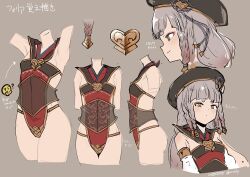 Rule 34 | 1girl, armlet, armpits, backless outfit, bare shoulders, beret, black headwear, black shirt, braid, breasts, brown eyes, closed mouth, detached sleeves, erune, eyeliner, gold trim, granblue fantasy, green eyes, grey hair, hat, heterochromia, leotard, long hair, looking at viewer, makeup, multiple braids, multiple views, nosuku, pholia, quad braids, red skirt, shirt, short eyebrows, side braids, sideless outfit, skirt, small breasts, smile, translation request, very long hair