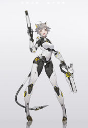 Rule 34 | 1girl, absurdres, ahoge, android, animal ears, body markings, breasts, cable, cable tail, dual wielding, eyelashes, fangs, full body, grey background, gun, highres, holding, icy02, joints, looking at viewer, mecha musume, mechanical arms, mechanical legs, mechanical parts, mechanical tail, medium breasts, open mouth, original, reflection, robot joints, science fiction, short hair, silver hair, simple background, single mechanical arm, smile, solo, standing, tail, weapon, yellow eyes