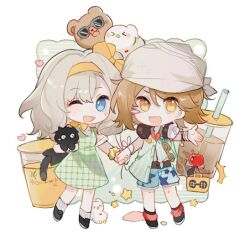 2girls :d ;d animal apple apple_(reverse:1999) bird black_cat black_footwear blue_eyes blue_shorts bow brown_hair bubble_tea cat chibi cup disposable_cup dress drinking_straw duck food fruit green_dress green_shirt grey_hair grid_print hair_bow hairband hand_up headphones headphones_around_neck headscarf holding holding_animal holding_hands lion_cub looking_at_viewer matilda_bouanich medium_hair multiple_girls official_alternate_costume one_eye_closed open_mouth orange_eyes red_socks regulus_(reverse:1999) reverse:1999 shirt short_hair short_sleeves shorts smile socks standing star_(symbol) white_background white_socks yellow_bow yellow_hairband zhizhi_(surri79797)