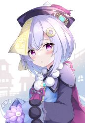 Rule 34 | 1girl, :o, absurdres, black jacket, blue dress, child, commentary request, cropped jacket, dress, flower, fuuna, genshin impact, hair between eyes, hair ornament, hat, highres, jacket, long sleeves, looking at viewer, ofuda, parted lips, purple eyes, purple flower, purple hair, purple hat, qingdai guanmao, qiqi (genshin impact), sleeves past fingers, sleeves past wrists, solo, thick eyebrows