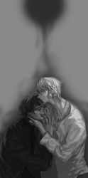 Rule 34 | 2boys, bracelet, cassock, comforting, fate/stay night, fate/zero, fate (series), gilgamesh (fate), grey background, greyscale, hand on another&#039;s face, highres, jewelry, kotomine kirei, male focus, monochrome, multiple boys, necklace, shaliva