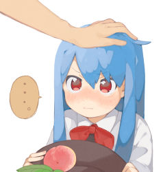 Rule 34 | ..., 1girl, :i, :t, blue hair, blush, bow, citrus (place), food, fruit, hat, unworn hat, headpat, unworn headwear, highres, hinanawi tenshi, holding, holding clothes, holding hat, long hair, out of frame, peach, pout, red eyes, simple background, solo focus, spoken ellipsis, touhou, wavy mouth, white background