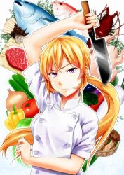 Rule 34 | 10s, 1girl, arm up, bell pepper, blonde hair, breasts, broccoli, buttons, cabbage, chef, chef, chicken (food), eggplant, fish, food, knife, lobster, long hair, looking at viewer, low ponytail, magekichi, mushroom, nakiri erina, onion, outline, pepper, ponytail, purple eyes, radish, shokugeki no souma, solo, steak, tomato, very long hair, white outline