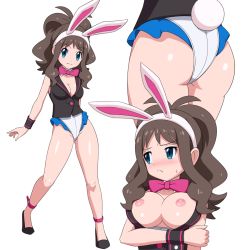 Rule 34 | 1girl, :&lt;, animal ears, arm under breasts, ass, black wristband, blue eyes, blush, bow, breasts, breasts out, brown footwear, brown hair, buttons, cleavage, closed mouth, commentary request, creatures (company), detached collar, fake animal ears, flats, frills, game freak, hairband, highres, hilda (pokemon), knees, leotard, long hair, looking at viewer, medium breasts, multiple views, nintendo, nipples, pink bow, playboy bunny, pokemon, pokemon bw, rabbit ears, rabbit tail, shiny skin, sidelocks, smile, sweatdrop, tail, wasabi-joyu, white background, white hairband, wristband