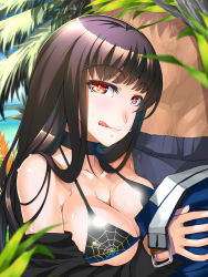 Rule 34 | 1girl, atlach-nacha, bare shoulders, belt, bikini, bikini top only, black hair, blush, breast press, breasts, choker, cleavage, clothes pull, doomblade, eyebrows, highres, hirasaka hatsune, large breasts, long hair, looking at viewer, naughty face, open clothes, outdoors, palm tree, pants, pants pull, red eyes, smile, solo focus, standing, sweat, swimsuit, tree, undressing