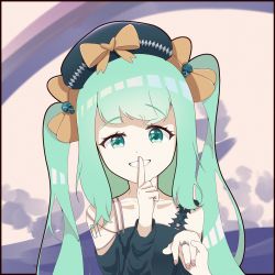 Rule 34 | 1girl, absurdly long hair, anniversary, aqua eyes, aqua hair, artist name, artist request, bare shoulders, blue eyes, blue hair, blue hat, blue shirt, blue sweater, bow, female focus, hand grab, hat, hatsune miku, highres, holding, jewelry, long hair, nail, nail polish, orange bow, pink nails, ring, shirt, skull, smile, solo, sweater, tattoo, teeth, twintails, very long hair, vocaloid