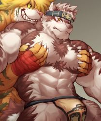 Rule 34 | 2boys, abs, ainu, ainu clothes, animal ears, bara, bare pectorals, black eyes, blonde hair, blush, bulge, chest hair, colored sclera, furry, furry male, furry with furry, grabbing, green sclera, grey fur, grey hair, grin, groping, headband, highres, horkeu kamui, imminent anal, imminent penetration, istani, large pectorals, macan (housamo), male focus, multiple boys, muscular, muscular male, navel, nipples, paid reward available, pectoral grab, pectorals, pelvic curtain, revealing clothes, paid reward available, short hair, smile, stomach, tail, tiger boy, tiger ears, tokyo houkago summoners, white fur, wolf boy, wolf ears, wolf tail, yaoi, yellow eyes, yellow fur