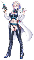 Rule 34 | 1girl, ass, ass cutout, belt, black panties, black pants, blue eyes, blue footwear, blue hair, blue nails, braid, breasts, brown hair, capsule, chaps, choker, cleavage, closed mouth, clothing cutout, coat, collar, commentary request, crop top, crotch cutout, full body, gun, hair between eyes, headphones, headphones around neck, high heels, highres, holding, lab coat, legs apart, long sleeves, looking at viewer, medium breasts, multicolored hair, nail polish, navel, o-ring, o-ring choker, official art, panties, pants, revealing clothes, shiny clothes, short hair, simple background, smile, solo, standing, taimanin (series), taimanin rpgx, test tube, two-tone hair, underwear, weapon, white background, white coat, white sleeves, yakushiji mizue, zol