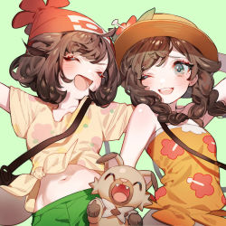 Rule 34 | 2girls, :d, ;d, ^ ^, aqua background, arm behind head, arm up, arms up, bag, beanie, blue eyes, blush, braid, brown hair, closed eyes, creatures (company), fang, floral print, flower, game freak, gen 7 pokemon, green shirt, hat, hat flower, hibiscus, long hair, multiple girls, navel, nintendo, one eye closed, open mouth, outstretched arms, pokemon, pokemon (creature), pokemon sm, pokemon usum, print shirt, red flower, red hat, ribbon, rockruff, selene (pokemon), shirt, short shorts, short sleeves, shorts, shoulder bag, simple background, smile, strapless, sun hat, swept bangs, teeth, tied skirt, twin braids, upper body, upper teeth only, yellow ribbon, yellow shirt, zuizi