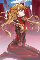 Rule 34 | 1girl, blue sky, bodysuit, breasts, brown hair, cowboy shot, curvy, floating hair, long hair, looking to the side, medium breasts, neon genesis evangelion, plugsuit, rebuild of evangelion, red bodysuit, shiny clothes, signature, simple background, sitting, sky, solo, souryuu asuka langley, two side up, unihotate0329, very long hair, wide hips