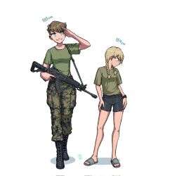 Rule 34 | 2girls, aqua eyes, artist logo, assault rifle, black footwear, black shorts, boots, braid, brown hair, camouflage, camouflage pants, full body, green shirt, gun, height, height difference, highres, holding, holding weapon, long hair, looking at viewer, lyyti aanismaa, military uniform, multiple girls, neea takarautio, original, ostwindprojekt, pants, rifle, salute, sandals, seno lepo, shadow, shirt, shirt tucked in, short hair, shorts, simple background, twin braids, uniform, walking, watch, weapon, white background, wristwatch
