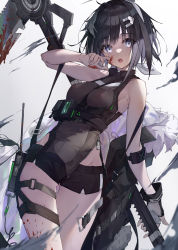 Rule 34 | 1girl, :o, absurdres, arknights, arm up, bare hips, bare shoulders, black coat, black hair, black shorts, blood, blood on face, blood on hands, blood on leg, bloody weapon, blue eyes, breasts, coat, unworn coat, cowboy shot, fingerless gloves, gloves, gluteal fold, groin, hair intakes, hair ornament, hairclip, highres, la pluma (arknights), looking at viewer, medium breasts, open mouth, scythe, short hair, short shorts, shorts, single glove, skindentation, solo, thigh gap, thigh strap, timmoo, underbust, weapon, white gloves