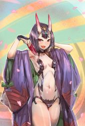 Rule 34 | 1girl, :d, armpits, black eyes, blush, bow (bhp), breasts, cowboy shot, cup, eyebrows, fangs, fate/grand order, fate (series), horns, japanese clothes, kimono, looking at viewer, navel, oni, open clothes, open kimono, open mouth, petals, purple eyes, purple hair, revealing clothes, sakazuki, short hair, shuten douji (fate), shuten douji (first ascension) (fate), smile, solo, teeth