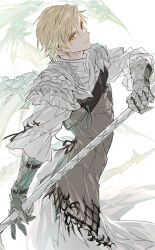 Rule 34 | 1boy, armor, blonde hair, closed mouth, cowboy shot, dion lesage, earrings, final fantasy, final fantasy xvi, frilled sleeves, frills, grey vest, hair between eyes, holding, holding polearm, holding weapon, jewelry, light smile, long sleeves, looking at viewer, male focus, medium hair, metal gloves, pants, polearm, puffy long sleeves, puffy sleeves, rihabi, shirt, shoulder armor, solo, swept bangs, vest, weapon, white pants, white shirt, yellow eyes