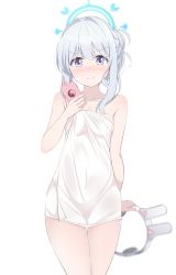 Rule 34 | 1girl, alternate hairstyle, animal ear headphones, bare legs, blue archive, blush, breasts, closed mouth, cowboy shot, embarrassed, fake animal ears, halo, headphones, unworn headwear, highres, holding, holding phone, hoshino ouka, looking at viewer, miyako (blue archive), naked towel, phone, purple eyes, simple background, small breasts, solo, towel, white background, white hair