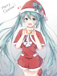 Rule 34 | 1girl, :d, akira (been0328), aqua eyes, aqua hair, bad id, bad pixiv id, blush, capelet, christmas, gradient background, grey background, hat, hatsune miku, highres, long hair, looking at viewer, merry christmas, open mouth, red hat, santa costume, santa hat, smile, solo, star (symbol), twintails, very long hair, vocaloid, white background