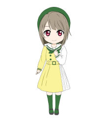 Rule 34 | 1girl, artist name, artist request, asymmetrical sleeves, bare legs, belt, beret, blush, breasts, brown hair, buttons, chibi, clenched hand, collarbone, dress, dress shirt, female focus, full body, green hat, green legwear, green neckerchief, grey hair, hat, layered skirt, light brown hair, long sleeves, looking at viewer, love live!, love live! nijigasaki high school idol club, love live! school idol festival, miniskirt, mirai harmony, mismatched sleeves, musical note, nakasu kasumi, neckerchief, parted lips, pink eyes, plaid, plaid skirt, pleated, pleated skirt, purple eyes, sailor collar, sailor dress, shirt, short hair, skirt, small breasts, smile, solo, standing, star (symbol), striped clothes, striped skirt, two-tone dress, two-tone skirt, white background, white sailor collar, white shirt, white skirt, yellow belt, yellow shirt, yellow skirt