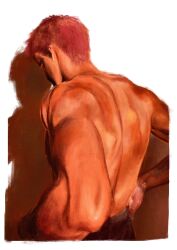 Rule 34 | 1boy, back, back focus, clothes pull, highres, k05062688, male focus, monochrome, pants, pants pull, pulling own clothes, red hair, red theme, sakuragi hanamichi, shadow, short hair, simple background, slam dunk (series), solo, topless male, upper body, white background
