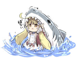 Rule 34 | 1girl, ahoge, animal, arms up, azur lane, blonde hair, blush, breasts, brown eyes, chibi, commentary request, detached sleeves, dress, eldridge (azur lane), facial mark, hair ornament, long hair, long sleeves, puffy long sleeves, puffy sleeves, shark, sharp teeth, sleeveless, sleeveless dress, small breasts, solid circle eyes, solo, tears, teeth, thighhighs, translation request, trembling, twintails, u-non (annon&#039;an), very long hair, water, white background, white dress, white thighhighs