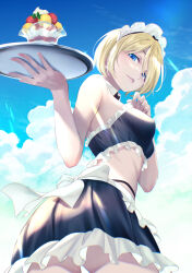 Rule 34 | 1girl, ass, bare arms, bare shoulders, bikini, black bikini, black skirt, blonde hair, blue eyes, breasts, closed mouth, collar, commentary, day, detached collar, frilled bikini, frilled skirt, frills, from below, highres, holding, holding tray, hououji akane, looking at viewer, looking down, maid, maid headdress, medium breasts, megami no kafeterasu, miniskirt, official art, parfait, seo kouji, short hair, skirt, sky, solo, strapless, strapless bikini, swimsuit, tray, unconventional maid, waitress, white collar