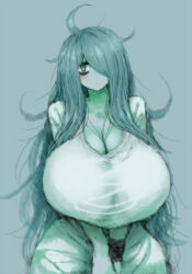 Rule 34 | 1girl, 2b-ge, :&lt;, ahoge, armband, bags under eyes, blush, breasts, cleavage, curvy, dress, female focus, green theme, grey background, hair over one eye, highres, huge breasts, limited palette, long hair, looking at viewer, mei (2b-ge), messy hair, original, own hands together, solo, spot color, white dress, wide hips