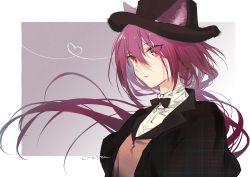 Rule 34 | 1girl, animal ears, arknights, black bow, black bowtie, black hat, black jacket, bow, bowtie, brown vest, cat ears, commentary, ears through headwear, floating hair, formal, hair between eyes, hat, heart, heart of string, highres, jacket, long hair, looking at viewer, melantha (arknights), melantha (letters from wessex) (arknights), o kita915, official alternate costume, open clothes, open jacket, orange eyes, parted lips, purple background, purple hair, shirt, signature, simple background, solo, turtleneck, upper body, vest, white shirt