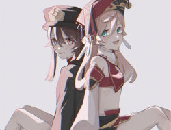Rule 34 | 2girls, antlers, breasts, brown hair, flower, genshin impact, hat, horns, hu tao (genshin impact), looking at viewer, marodayo 33, multiple girls, open mouth, pink hair, porkpie hat, red eyes, simple background, small breasts, tongue, tongue out, top hat, yanfei (genshin impact)