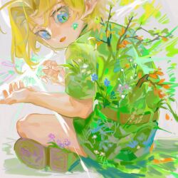 Rule 34 | 1boy, bare arms, blonde hair, blue eyes, blue flower, boots, branch, brown footwear, child, flower, from behind, glowing, grass, green tunic, grey background, highres, indian style, link, looking away, male focus, nintendo, octahooves, overgrown, parted lips, petals, plant, pointy ears, shoe soles, short hair, short sleeves, sitting, solo, surprised, the legend of zelda, young link