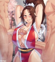 Rule 34 | 1girl, 2boys, armpits, arms up, bare shoulders, blush, breasts, brown eyes, brown hair, cleavage, double paizuri, fatal fury, high ponytail, highres, huge breasts, isabongos, japanese clothes, long hair, looking at viewer, multiple boys, ninja, penis, ponytail, revealing clothes, rope, shiranui mai, sideboob, smile, snk, street fighter, street fighter 6, the king of fighters, variant set