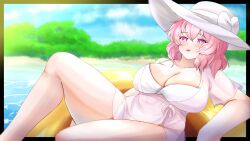 Rule 34 | 1girl, absurdres, alternate costume, beach, blurry, blurry background, breasts, commentary, dress, ginari, hat, highres, large breasts, one-piece swimsuit, open mouth, pink eyes, pink hair, saigyouji yuyuko, saigyouji yuyuko (seamless swimsuit ghost), short hair, solo, swimsuit, touhou, touhou lostword, white dress, white hat, white one-piece swimsuit