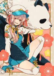Rule 34 | 1girl, animal, arm at side, arm up, blue dress, blue footwear, blush, bow, breasts, commentary request, cropped shirt, cross-laced footwear, dress, ear piercing, flower, flower (symbol), grey eyes, hair bow, hair flower, hair ornament, hair ribbon, hat, hat bow, highres, keishin, leg up, long hair, long sleeves, looking at viewer, low tied hair, on one knee, open mouth, original, over-kneehighs, panda, peaked cap, piercing, pink hair, red bow, red ribbon, ribbon, small breasts, smile, solo, star (symbol), thigh strap, thighhighs, white flower, white thighhighs, yellow ribbon
