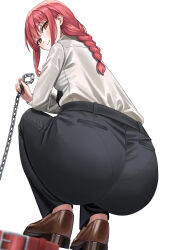 Rule 34 | 1girl, absurdres, ass, black pants, blush, braid, braided ponytail, brown footwear, chain, chainsaw man, closed mouth, collar, highres, holding, huge ass, long hair, looking at viewer, makima (chainsaw man), medium hair, pants, pantylines, red collar, red hair, shirt, shirt tucked in, shocho, shoes, simple background, smile, solo, squatting, white background, white shirt, yellow eyes