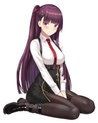 Rule 34 | absurdres, black pantyhose, black skirt, collared shirt, doggo34476335, framed breasts, girls&#039; frontline, hair ribbon, half updo, has bad revision, has downscaled revision, high-waist skirt, highres, long hair, md5 mismatch, necktie, one side up, pantyhose, purple hair, red eyes, red necktie, red ribbon, resolution mismatch, ribbon, shirt, skirt, solo, source smaller, suspender skirt, suspenders, thighband pantyhose, wa2000 (girls&#039; frontline)