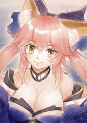 Rule 34 | 10s, animal ear fluff, animal ears, bare shoulders, breasts, cleavage, collarbone, detached sleeves, ecat, fate/extra, fate/extra ccc, fate/grand order, fate (series), fox ears, hair between eyes, hair ornament, hair ribbon, head tilt, highres, large breasts, light smile, looking at viewer, looking up, pink hair, ribbon, solo, tamamo (fate), tamamo no mae (fate/extra), yellow eyes