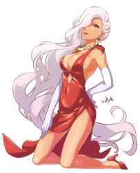 Rule 34 | 1girl, art nouveau, bad id, bad pixiv id, breasts, cleavage, elbow gloves, gloves, hair over one eye, high heels, kawagoe pochi, kneeling, large breasts, long hair, red eyes, shironeko project, solo, white hair