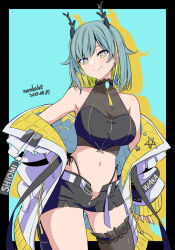 Rule 34 | 1girl, antlers, artist name, bare shoulders, black shorts, black thighhighs, blue background, breasts, character name, closed mouth, clothes writing, collarbone, commentary request, dated, highres, horns, jacket, kichihachi, la peche party, large breasts, looking at viewer, multicolored eyes, navel, open fly, purple eyes, shioumi waka, short shorts, shorts, single thighhigh, smile, solo, standing, thighhighs, thighs, virtual youtuber, white jacket, yellow eyes