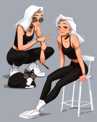 Rule 34 | 1girl, bare shoulders, black leggings, blue eyes, breasts, cat, cleavage, closed mouth, collarbone, highres, holding, holding pen, leggings, lips, long hair, pen, sam yang, sitting, sleeveless, small breasts, squatting, sunglasses, v, white hair