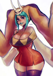 Rule 34 | 1girl, aqua hair, aqua lips, bare shoulders, breasts, cerebella (skullgirls), cleavage, curvy, dark-skinned female, dark skin, dress, eyeshadow, female focus, highres, large breasts, lipstick, living clothes, looking at viewer, makeup, parted lips, short dress, short hair, simple background, skullgirls, smile, solo, thick thighs, thighhighs, thighs, vice-versa (skullgirls), viorie, wide hips
